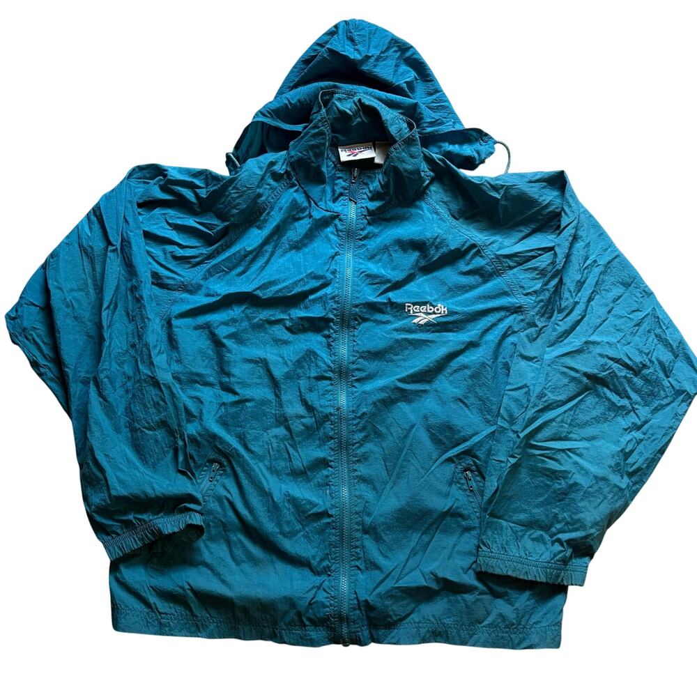 Reebok Teal Blue Full Zip Nylon Windbreaker Jacket Big Logo Back‎ 90's Vintage - Picture 2 of 9